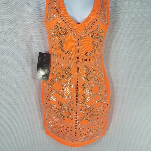 BEBE EMBELLISHED OPEN SHOULDERS DRESS $149 - XXS XS M - ORANGE - NEW WITH TAGS - Picture 2 of 7